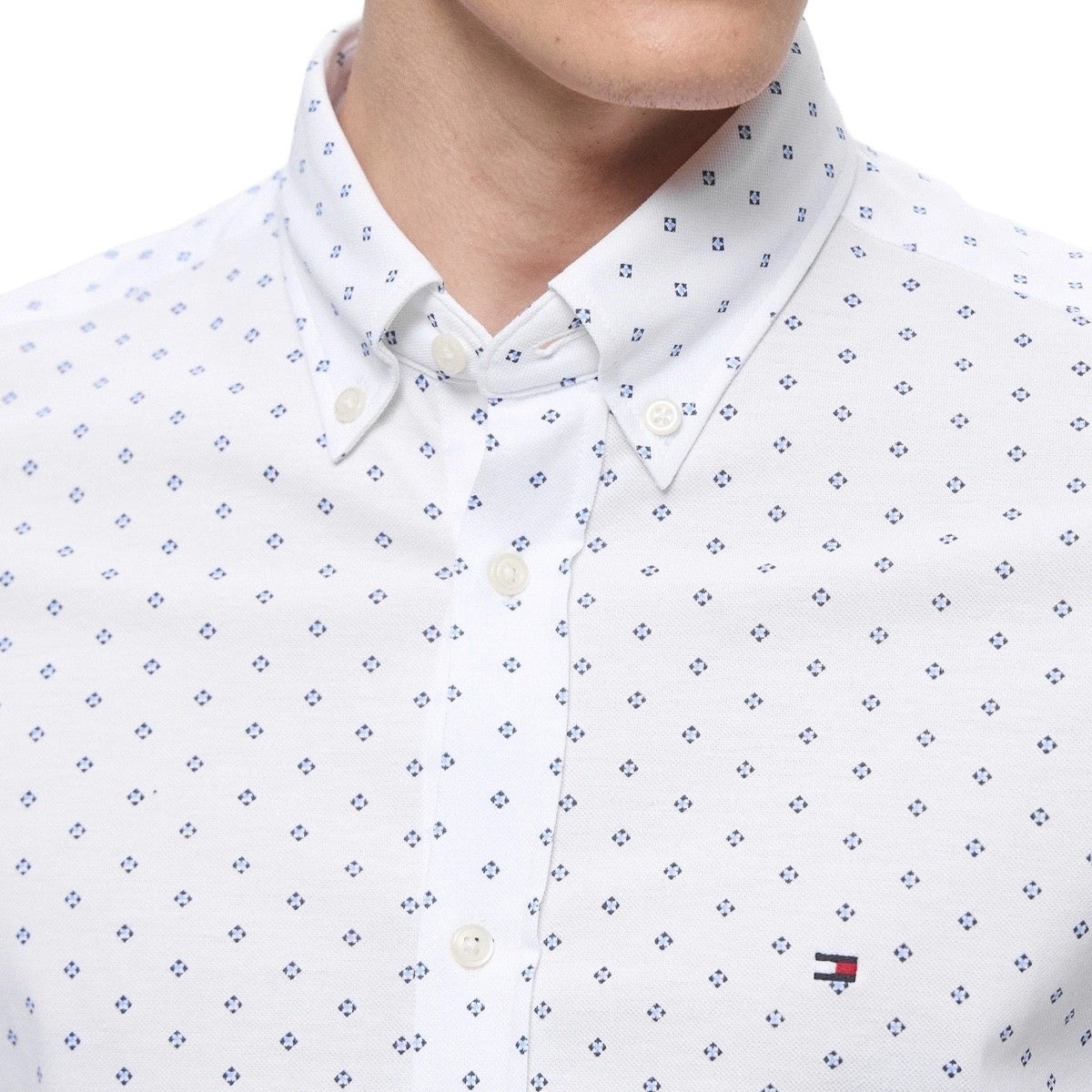 Tommy Hilfiger Camicia Uomo Slim Fit Bianco Navy Microfantasia Cotone